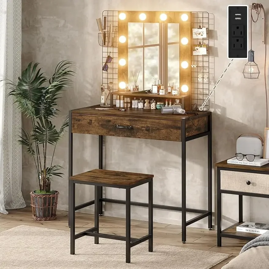 

Furniouse Makeup Vanity Desk Set with LED Lights and Mirror, 33" W Makeup Table with Drawer & Charging Station