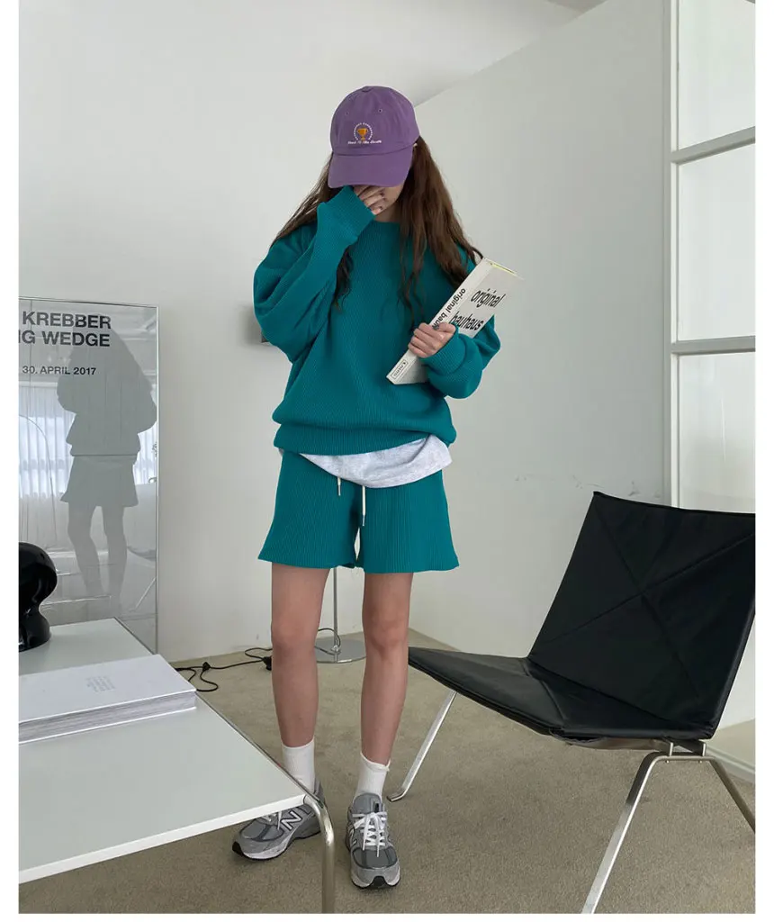 Fatos de Treino para Mulher Terno o Pescoço Moletom + Shorts Casual Solto Sólida Duas Peças Manga Comprida Senhora Sweatsuits Cor 43 Online shopping