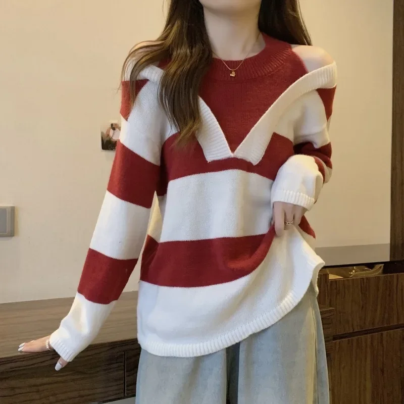 Fashion Women'S Korean Sweater Fake Two-Piece Neck Hanging Pullover Top Off Shoulder Striped V-Neck Sweater Y2k Korean Kpop Tops