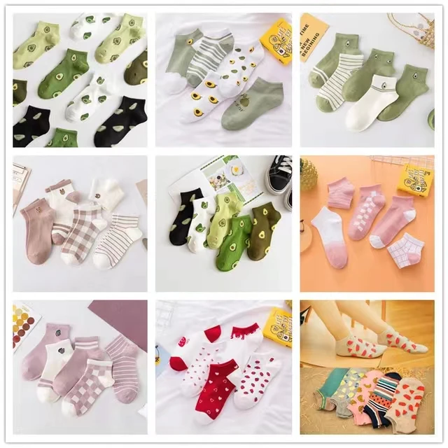 5 Pairs Spring Summer Cotton Socks Women Avocado Strawberry Embroidery Breathable Funny Sock Harajuku School Girl Ankle Socks cotton socks for women
