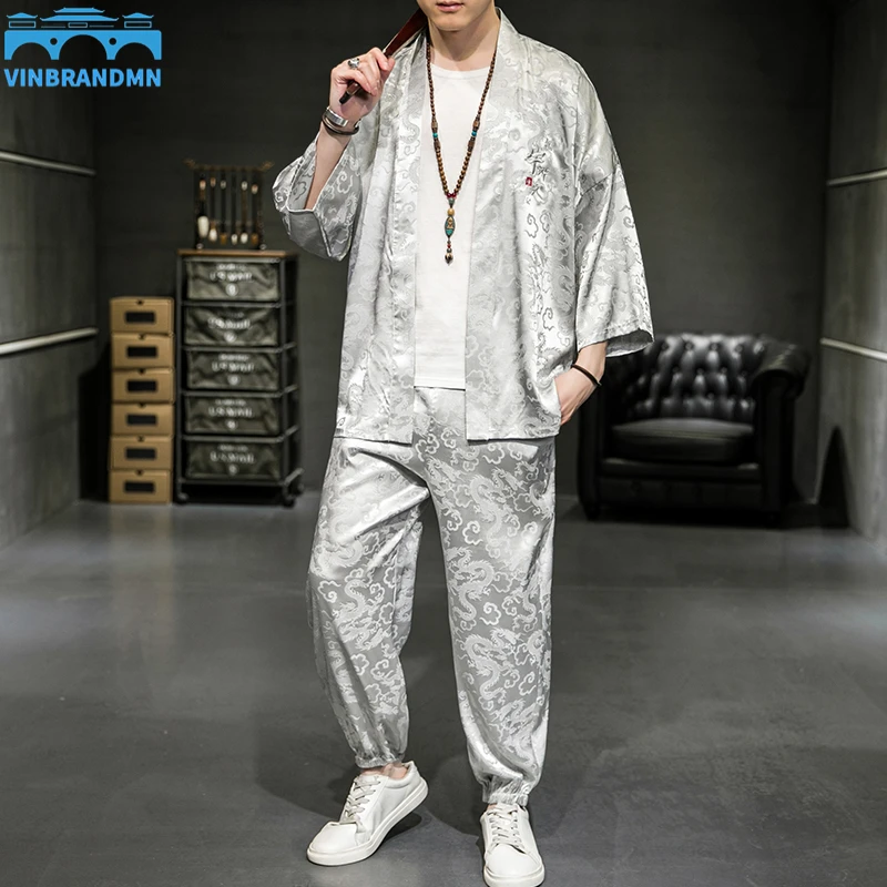 

New Men's Hawaiian Kimono Shirt Suit 2021 Summer Fashion Short Sleeve Shirt Beach Ankle Pants Quick Dry 2 Piece Men's Sets