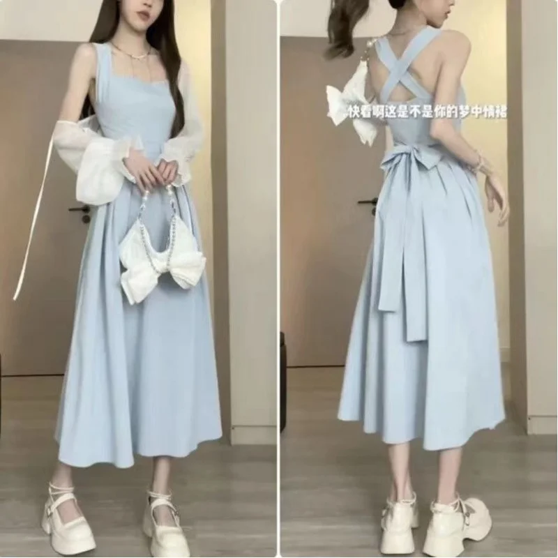 

strap sleeveless mini dress Fashion Cross strap suspender bow tie summer dress women korean style long solid color sleeveless