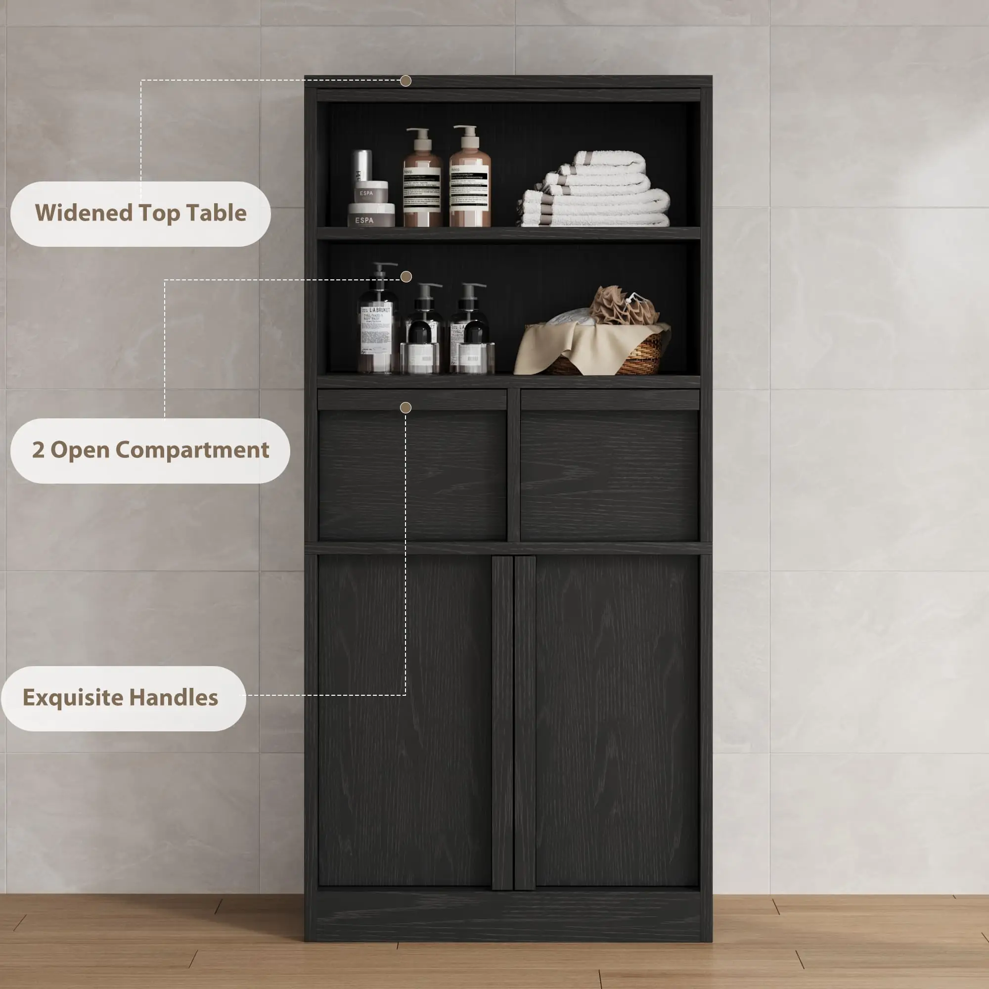 Hoher Aufbewahrungsschrank, Freistehender Buffetschrank mit Schubladen, Türen und Verstellbaren Regalen, Multifunktionaler Organizer – Detail 5