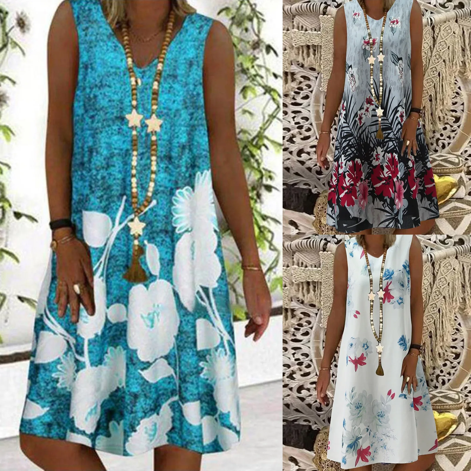 

Summer Women's Casual Fashion Floral Printed Dress Sleeveless Vest Dress V Neck Loose Beach Sundress Dresses With Pockets