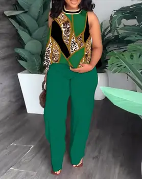 Two Piece Sets Women Outifits 2023 Summer Fashion Leopard Print O-Neck Sleeveless Tank Top & Casual Straight Leg Daily Pants Set 1