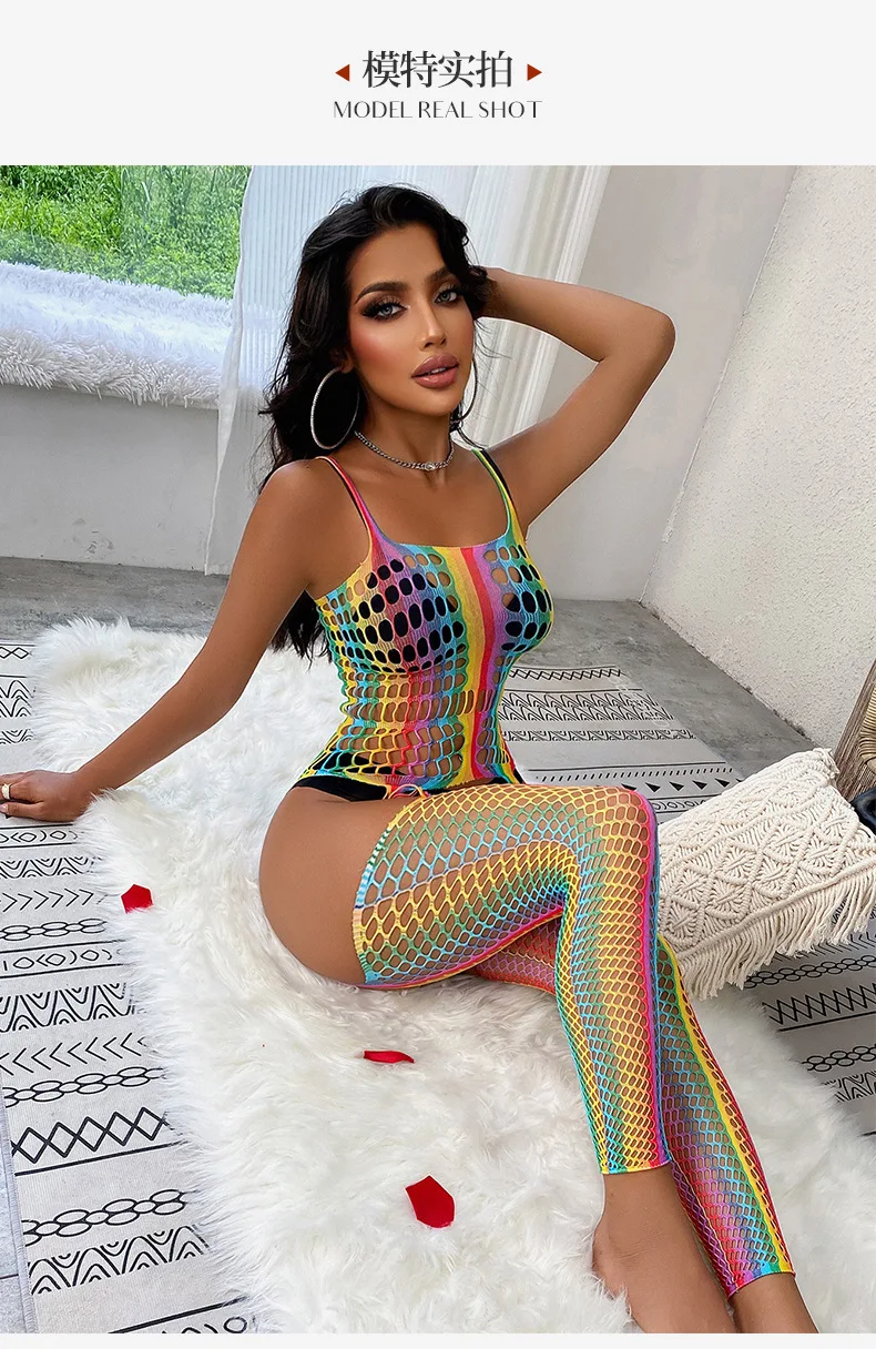Women Underwear Sexy Lingerie Rainbow Fishnet Body Stockings Lingerie Open Crotch Underwear Suspender Babydoll Mesh Tight