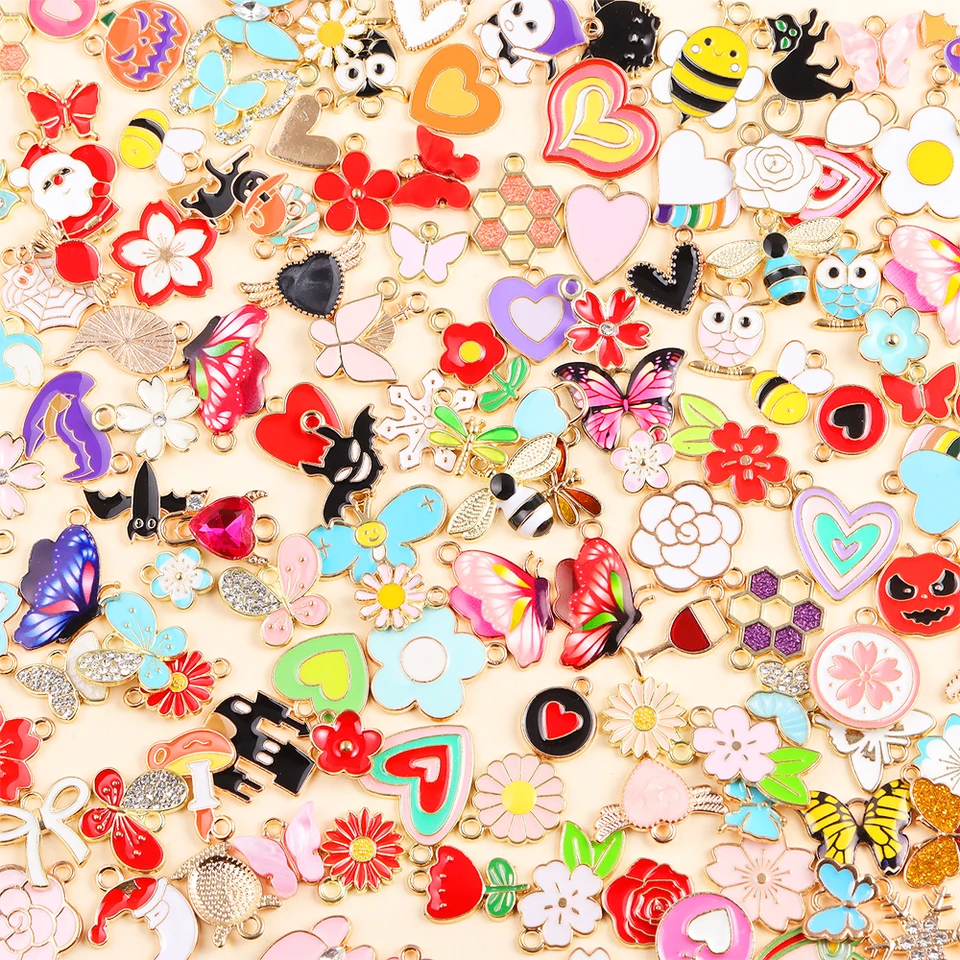 Cheriswelry 100pcs Pink Printed Butterfly Alloy Enamel Pendants Animal Metal Dangle Charms DIY Butterfly Earring Bracelet