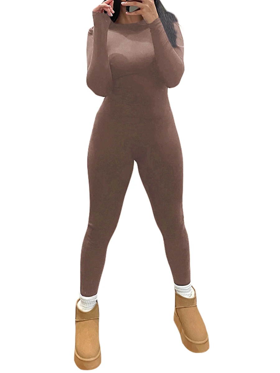 

Women Seamless Bodycon Jumpsuits Solid Color Tummy Control Long Sleeve Backless Long Rompers Workout