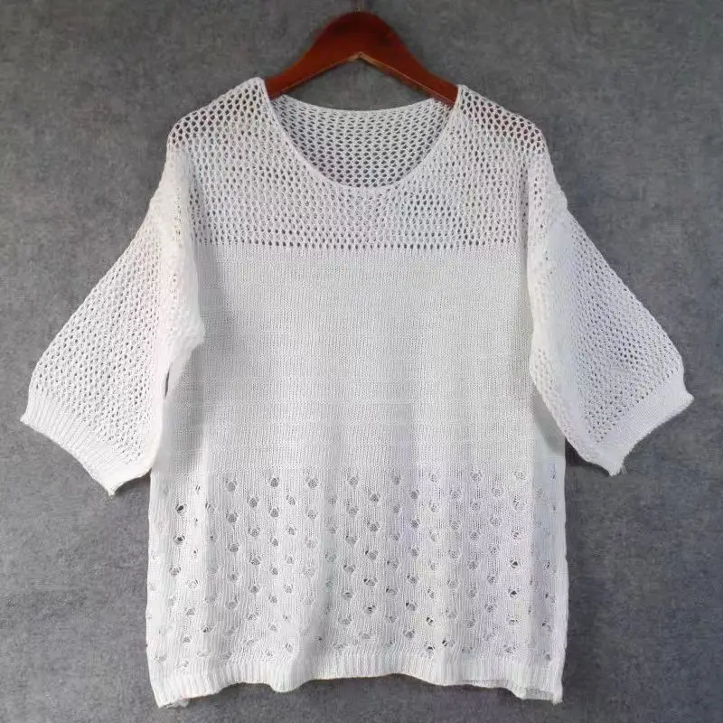 سترة رقيقة محبوكة بخطوط مجوفة للنساء ، سترة متعددة...