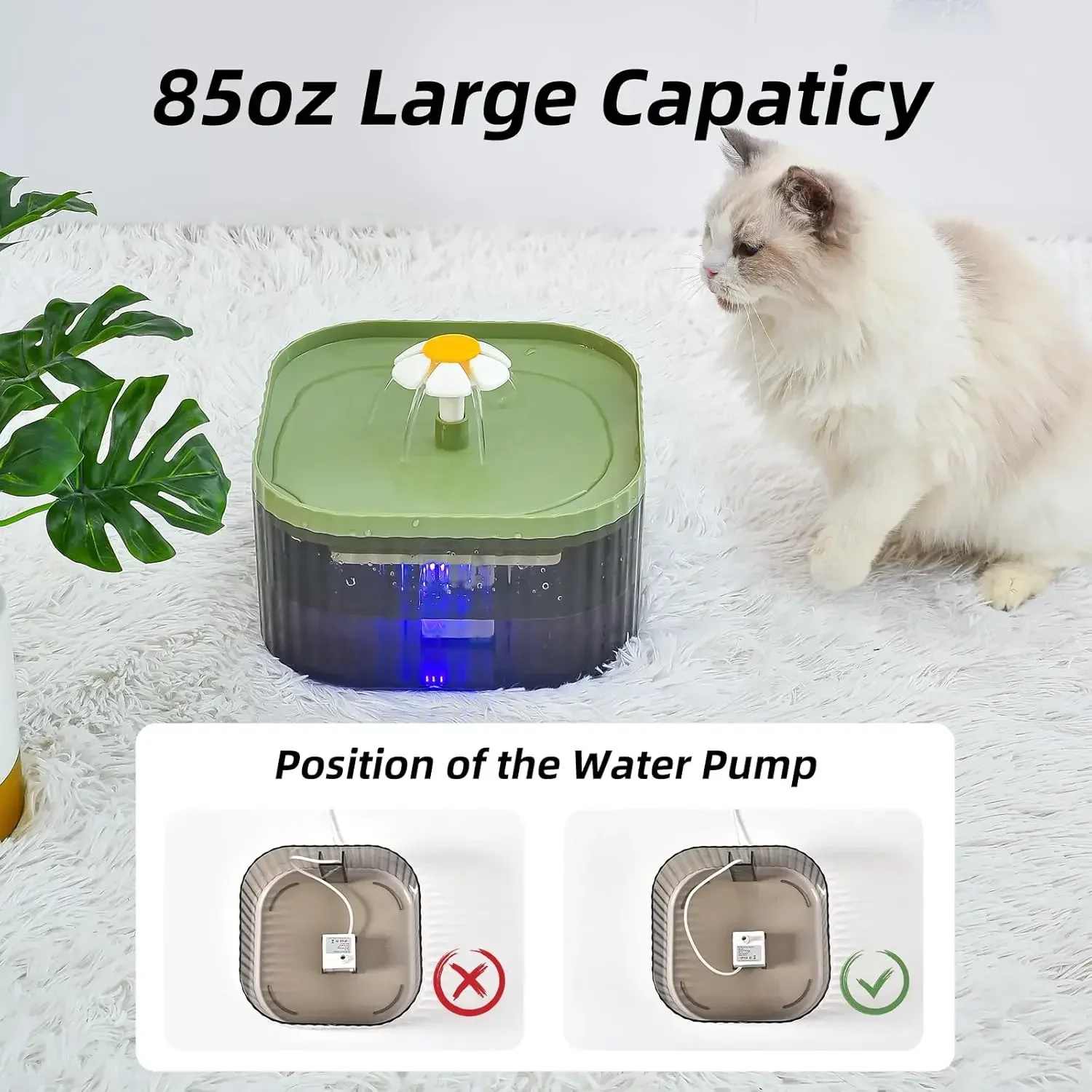 نافورة مياه للقطط سعة 2.5 لتر مع ضوء LED موزع مياه كهربائي فائق الهدوء للحيوانات الأليفة مع مرشحات بديلة نافورة قطط أوتوماتيكية