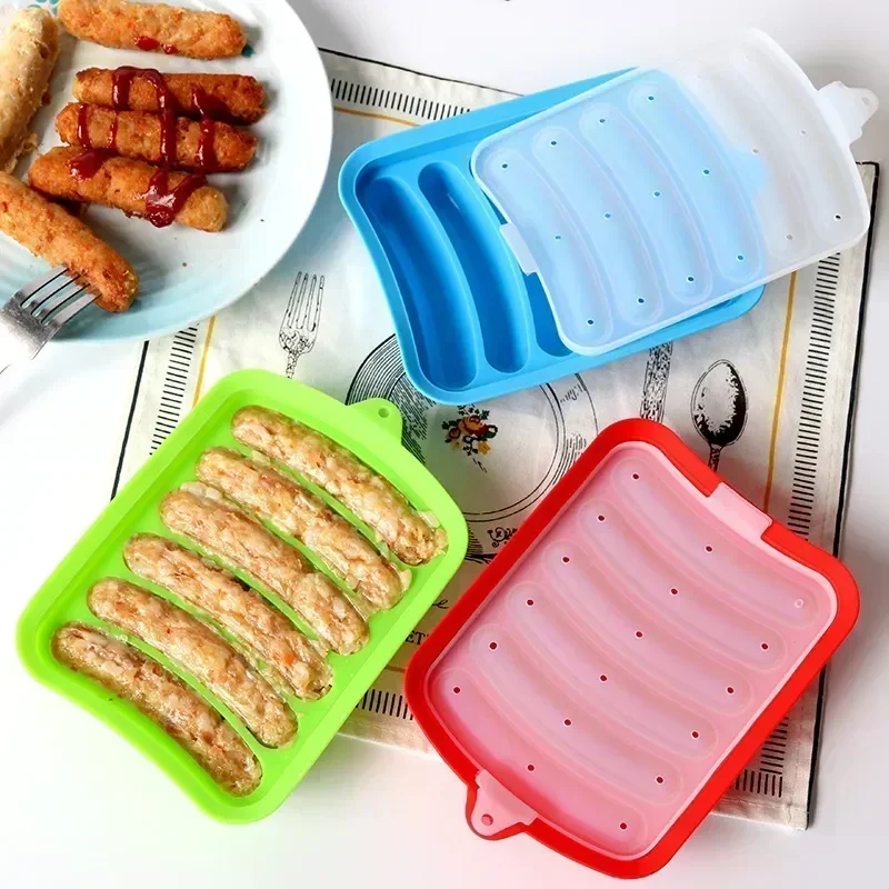 Hot Food Grade Silicone Sausage Mould 6 Cavity home Ham Hot Dog Making Tray Household Cake Baking Molds with Lid Kit Tools