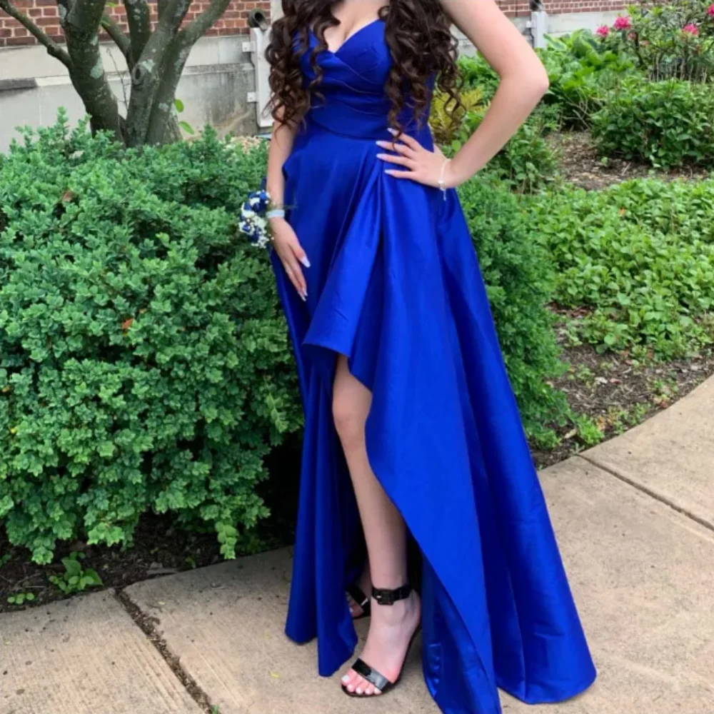 

Royal Blue Satin Prom Dresses High Low Sweetheart Neckline Ruched Pleats Tiered Skirt Formal Occasion Wear Customed Evening Gown