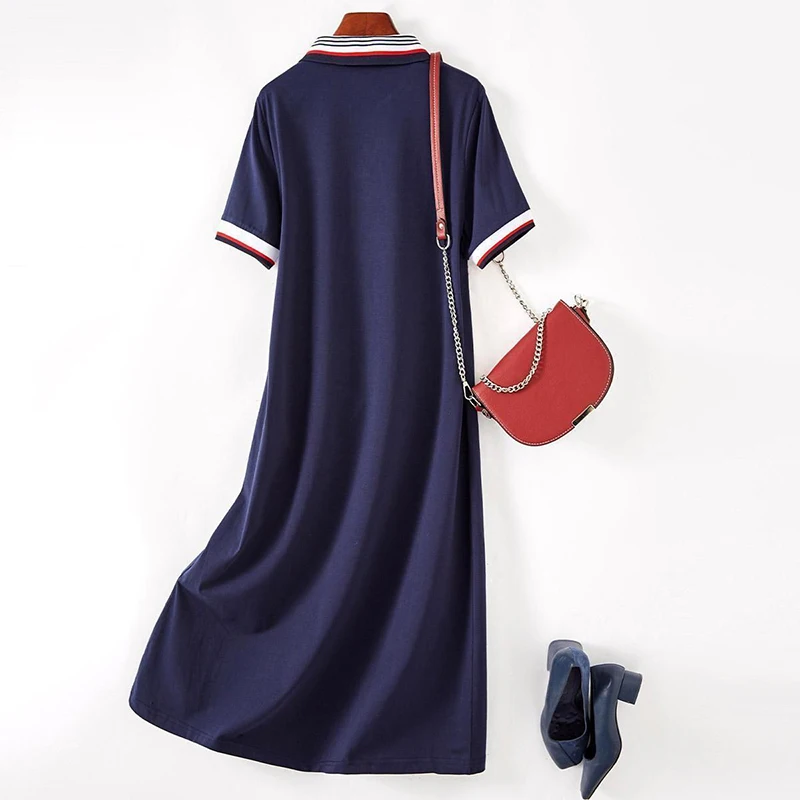 Summer Temperament Leisure Versatile Sports Dress Polo Collar Contrast Color Slim Long Skirt Women