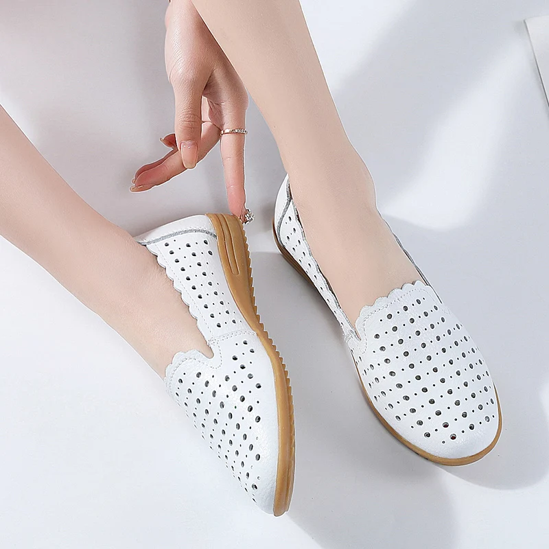 Summer Women Fashion Casual Shoes Leather Slip-on Flats Loafers Ladies Designer Sneakers Hollow Out Breathable Women's Moccasins women shoes,women sneakers,women flats,casual shoes