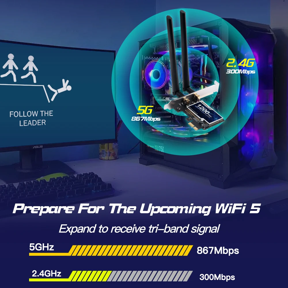 WiFi 5 AC1200 PCI-E Wireless Adapter Network Adapter BT 4.0 Dual Band 2.4G/5GHz