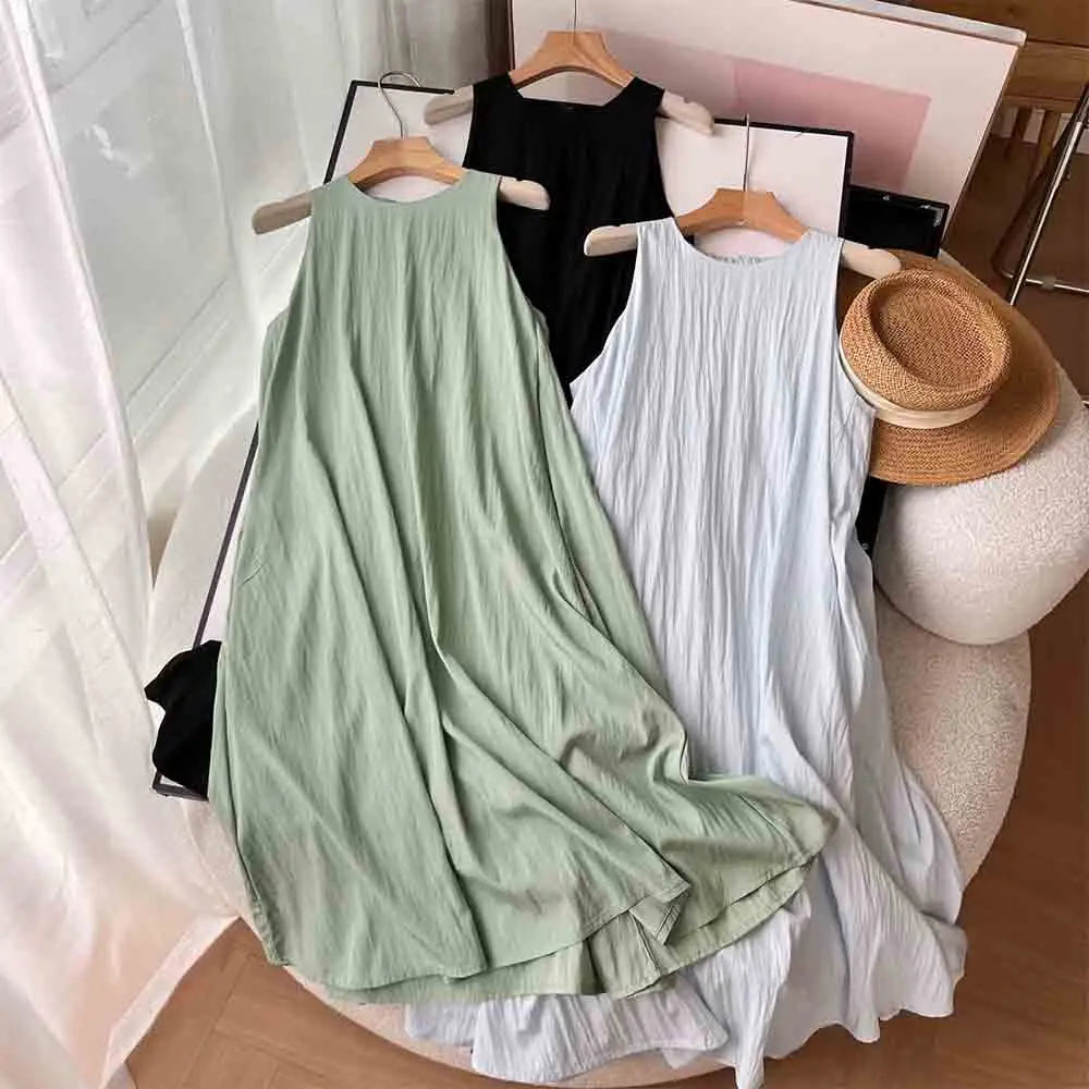

Women 2024 Spring and Summer New Fashion Vessel Casual Sleeveless dress Chic Crewneck Loosen Bag Dress Vestidos Mujer