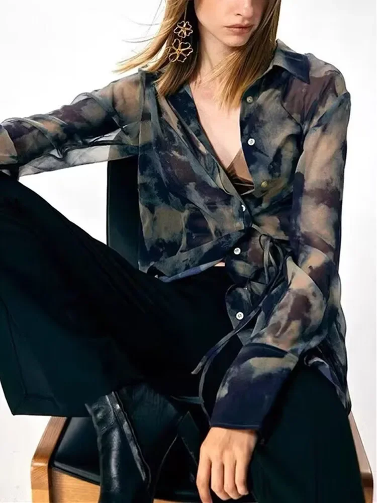

Fashion Classic Trendy Luxury Designer Turn-Down Collar Loose Lace-Up Sun Protection Ink Print Long Sleeve Shirt Blouse Female