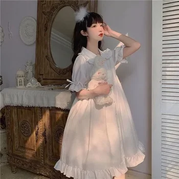 Japanese Sweet Girl Lolita Dress White 2021 Summer Kawaii Peter Pan Collar Cute Ruffle Puff Sleeve Drees Elegant Lady Dresses 6