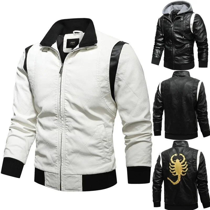 Autumn Winter Bomber Leather Jacket Men Scorpion Embroidery Hooded Jacket PU Leather Motorcycle Mens Ryan Gosling Drive