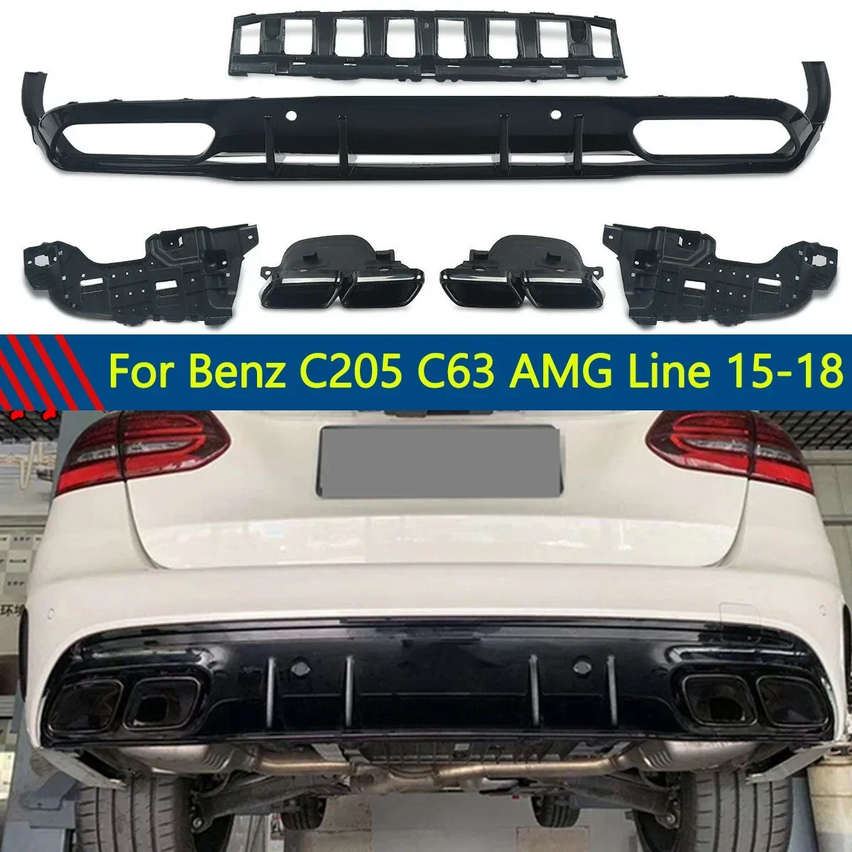 

Задний диффузор для Benz C205 C300 C43 C63 стиль AMG с наконечником глушителя 2015-2018 глянцевый