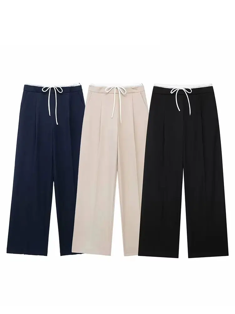 HH 2025 Women Fashion Vintage Solid Straight Pants Side Zipper Drawstring Casual Trousers Spring New Female Wide Leg Pants