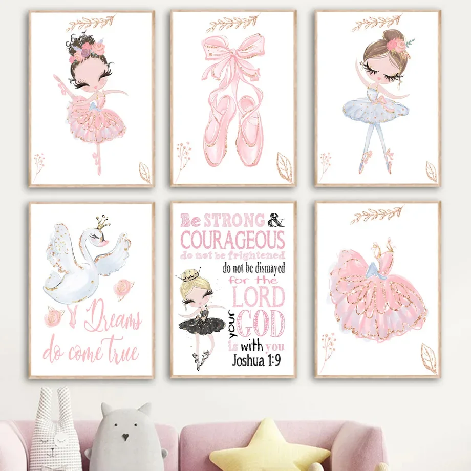 Pink Little Princess Ballet Shoes Swan Crown Art Canvas Painting Nordic Poster E Stampe Immagini A Parete Kids Girl Room Decor