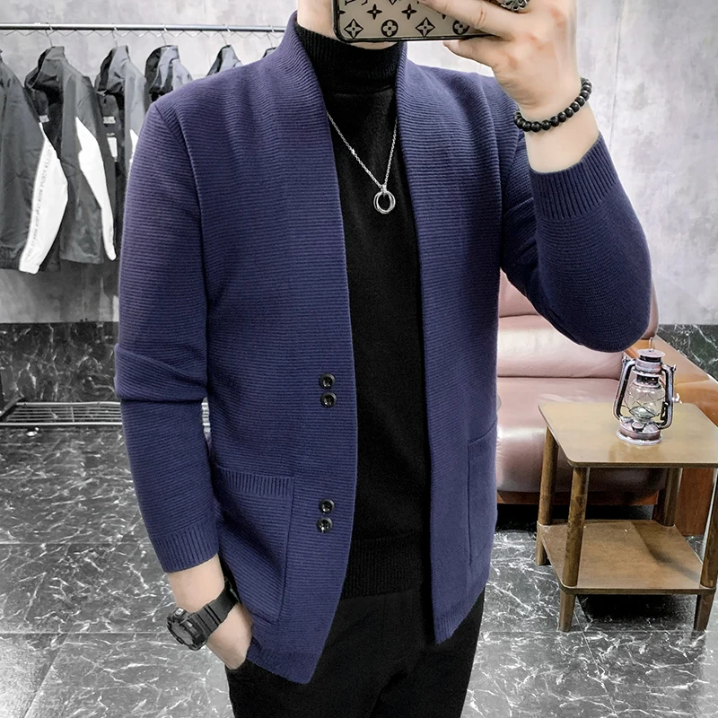 thumbnail image 1 of Chaqueta tipo cárdigan informal de lana para hombre, suéter de punto con botones de estilo formal, abrigo de color liso, 1 of 5