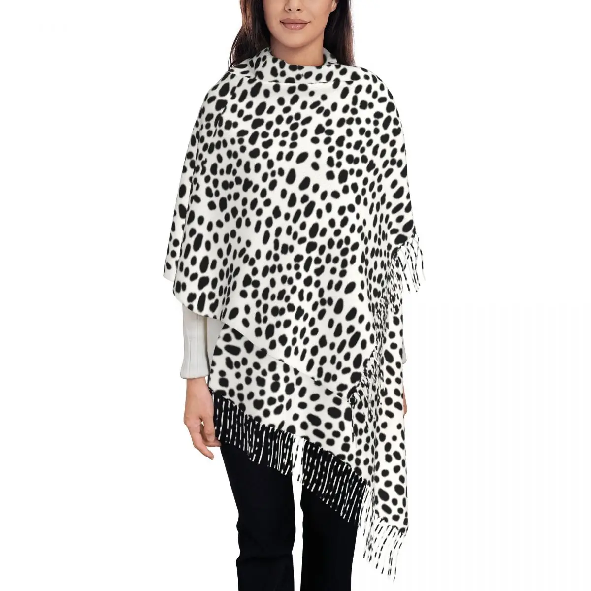 

Женский шарф, теплый мягкий далматинский головной убор, шарфы с кисточками, черно-белая Роскошная шаль 2024, осенняя дизайнерская бандана