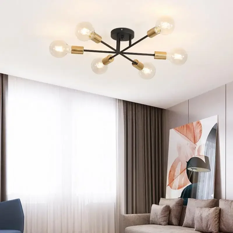 Modern Ceiling Lights Fixture Nordic Semi Flush Mount Lamps Brushed Antique Gold Lighting 6-Light Home Decor for Living Room Bed