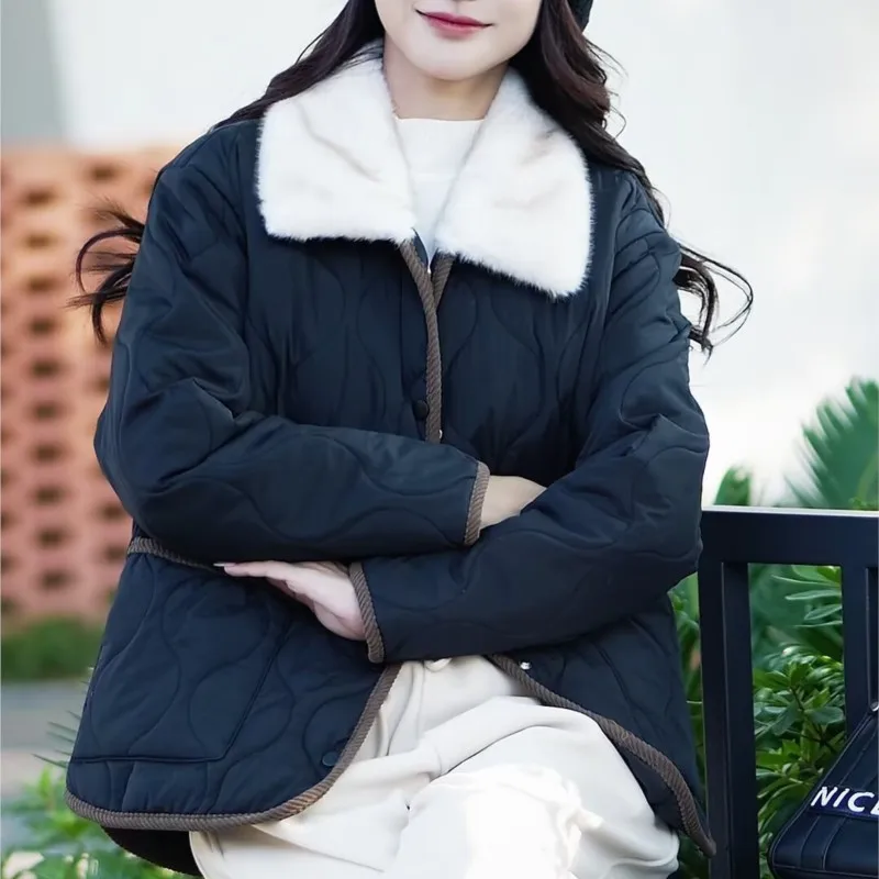 XXXXL Fashion Plus Size Women's Parkas For The Winter Of 2025 Simple Fur Lapel Chic Style Padded Jacket Casual Warm Coat 5536