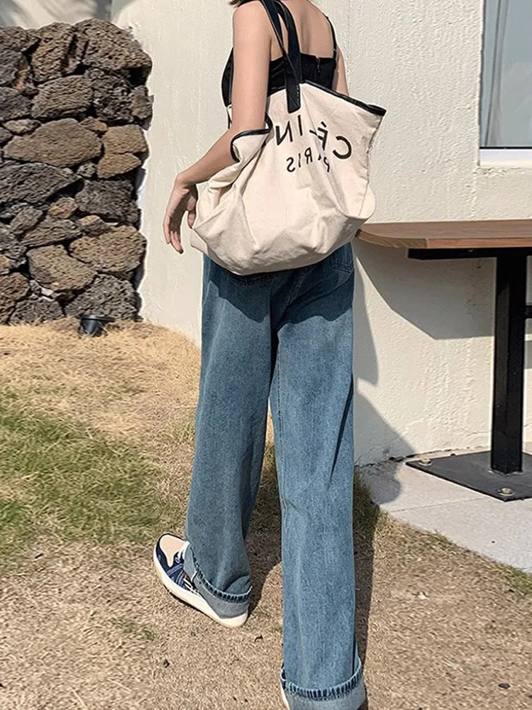 High Waist Wide Leg Jeans Open Crotch Pants Women's Summer Plus Size Loose Straight Trousers Denim Boot Cut Vintage Clothes Y2k