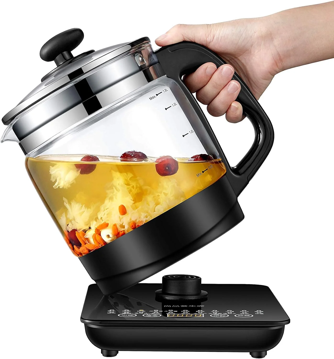 

Health-Care Beverage Tea coffee Maker and Multi-Function Kettle, 22-in-1 Programmable Brew Cooker , 1.8 L, Black, Glasses