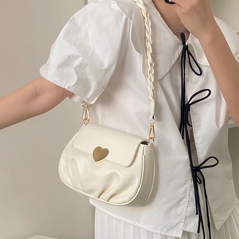 

Pleated PU Leather Ladies Handbags Love Heart Design Women's Cute Shoulder Bags Simple Female Underarm Bag Purses Crossbody Bag