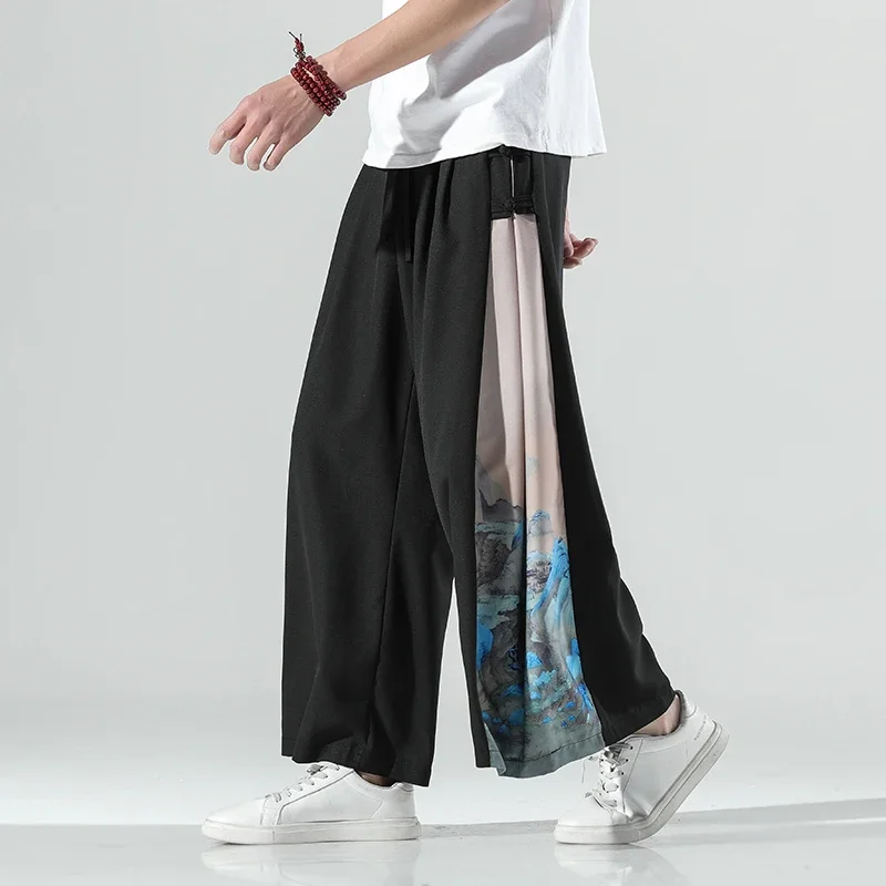 Men Wide Leg Pants Japan Samurai Thai Silk Pants Summer