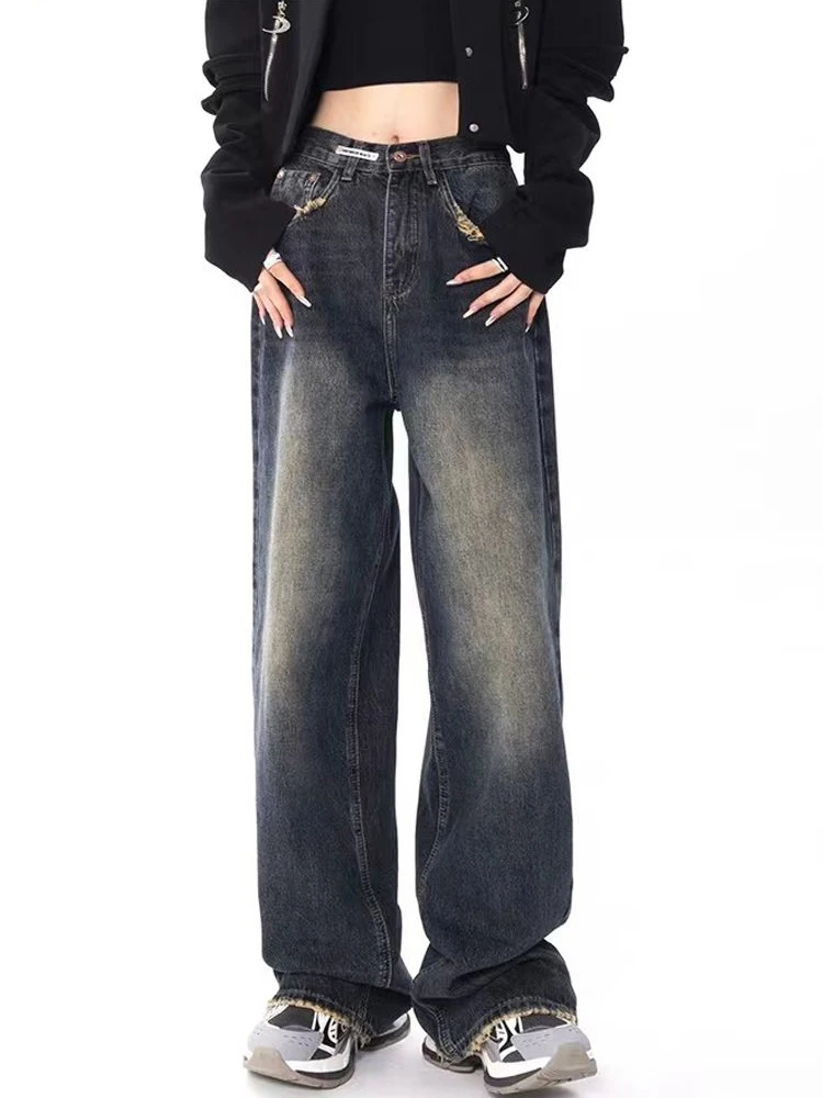 

Y2K Vintage Jean Pant Women Korean Fashion Blue Washed Long Pant Ladies Harajuku Casual Baggy High Waist Wide Leg Denim Trouser