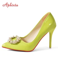 Aphixta Hot 10cm Stiletto Heels Pearl Buckle Gradient Pumps Women Shoes Patent Leather Super High Pointed Toe Super Big 48 49 50