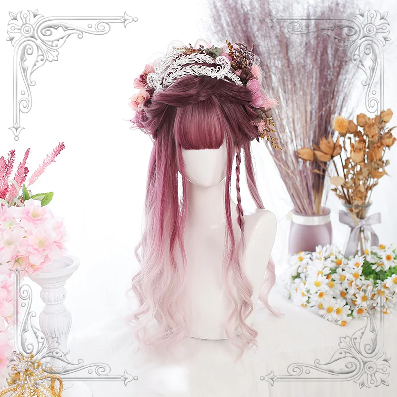 

Female Long Wavy Slight Curly Red Pink Gradual Change Bangs Wig Women Wigs Lolita Cosplay Party