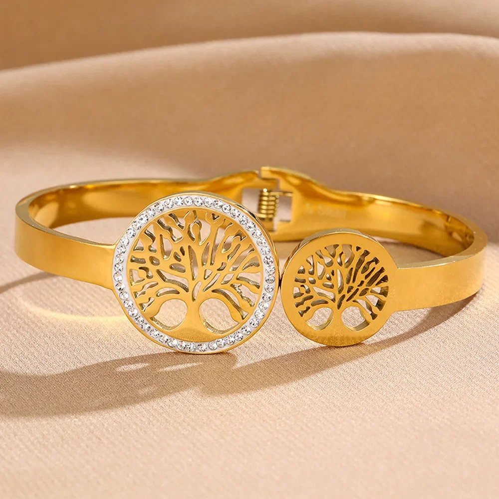 Luxury Tree Of Life Open Cuff Bangles Stainless Steel Gold Plated Spring Buckle Bracelet Non-Fading Jewelry Wrist Accessories 4