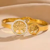 Luxury Tree Of Life Open Cuff Bangles Stainless Steel Gold Plated Spring Buckle Bracelet Non-Fading Jewelry Wrist Accessories 4
