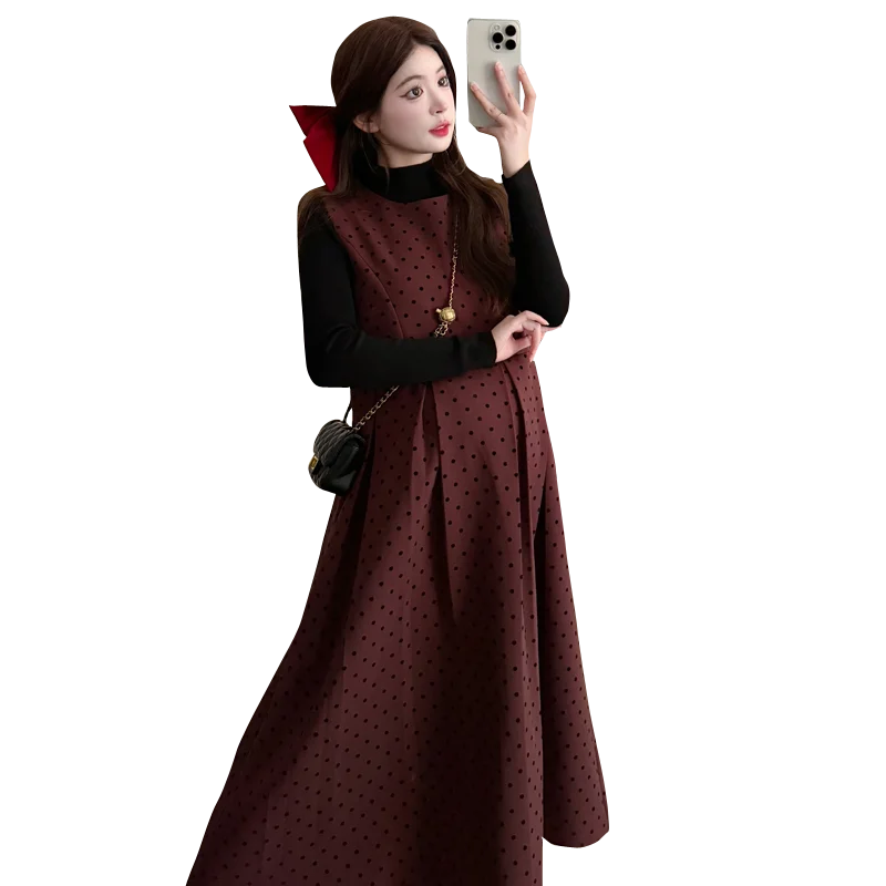 Plus Size Casual Maternity Outfit Set Autumn Long Sleeve Black Shirts Polka Dot Sundress Twinset Fashion Pregnant Woman Suits