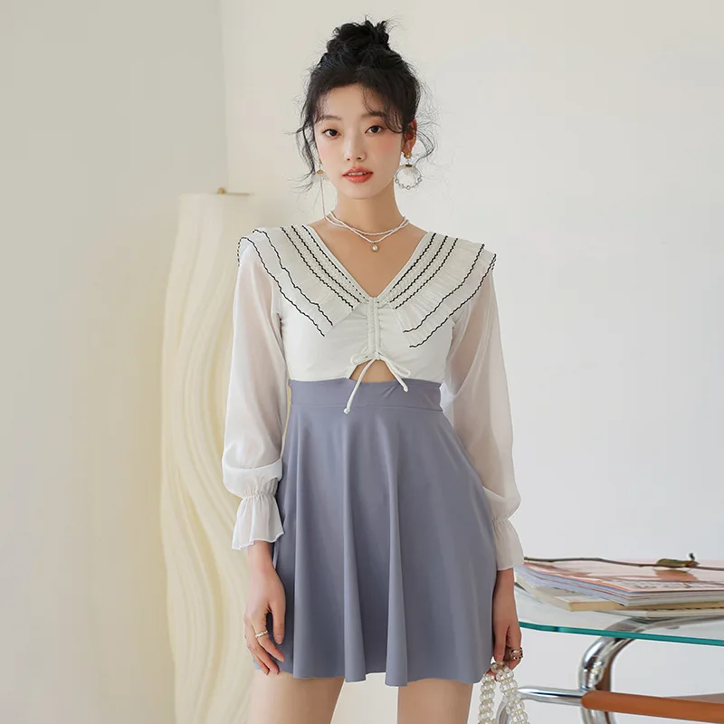 

Long-sleeve one-piece swimsuit Women's conservative large skirt cover-up shows thin small breast 2023 new hot spring swimsuit