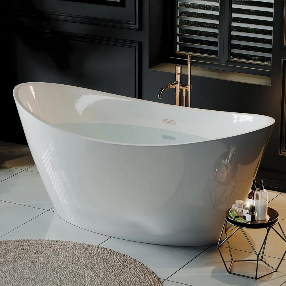 67" Acrylic Freestanding Bathtub Soaking with Brushed Nickel Drain and Overflow Included，SPA Tub Modern Stand Alone Bathtubs 4