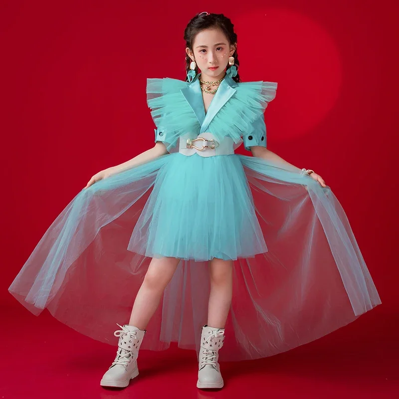 

Children'S Catwalk Kpop Outfits Girls Mint Green Flying Mesh Shoulder Coat Shorts Kids Hip Hop Jazz Dance Costumes XS4613