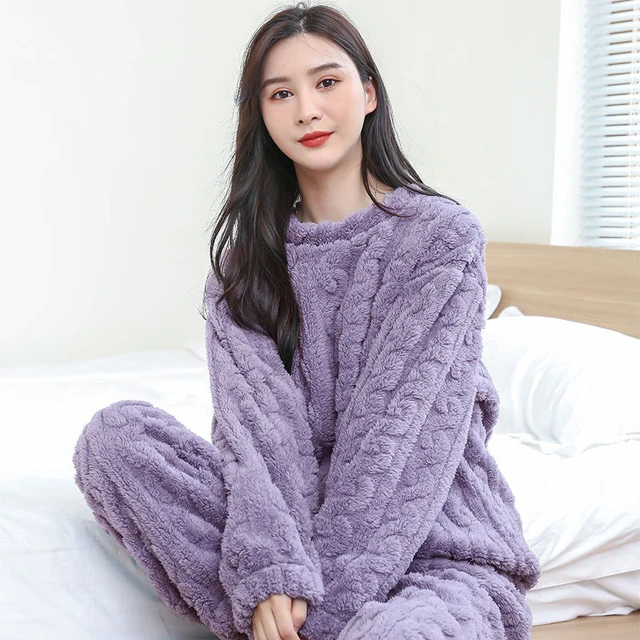 Winter Pajamas Set Women Pyjamas Flannel Warm Long Pants 2piece/Set  Sleepwear