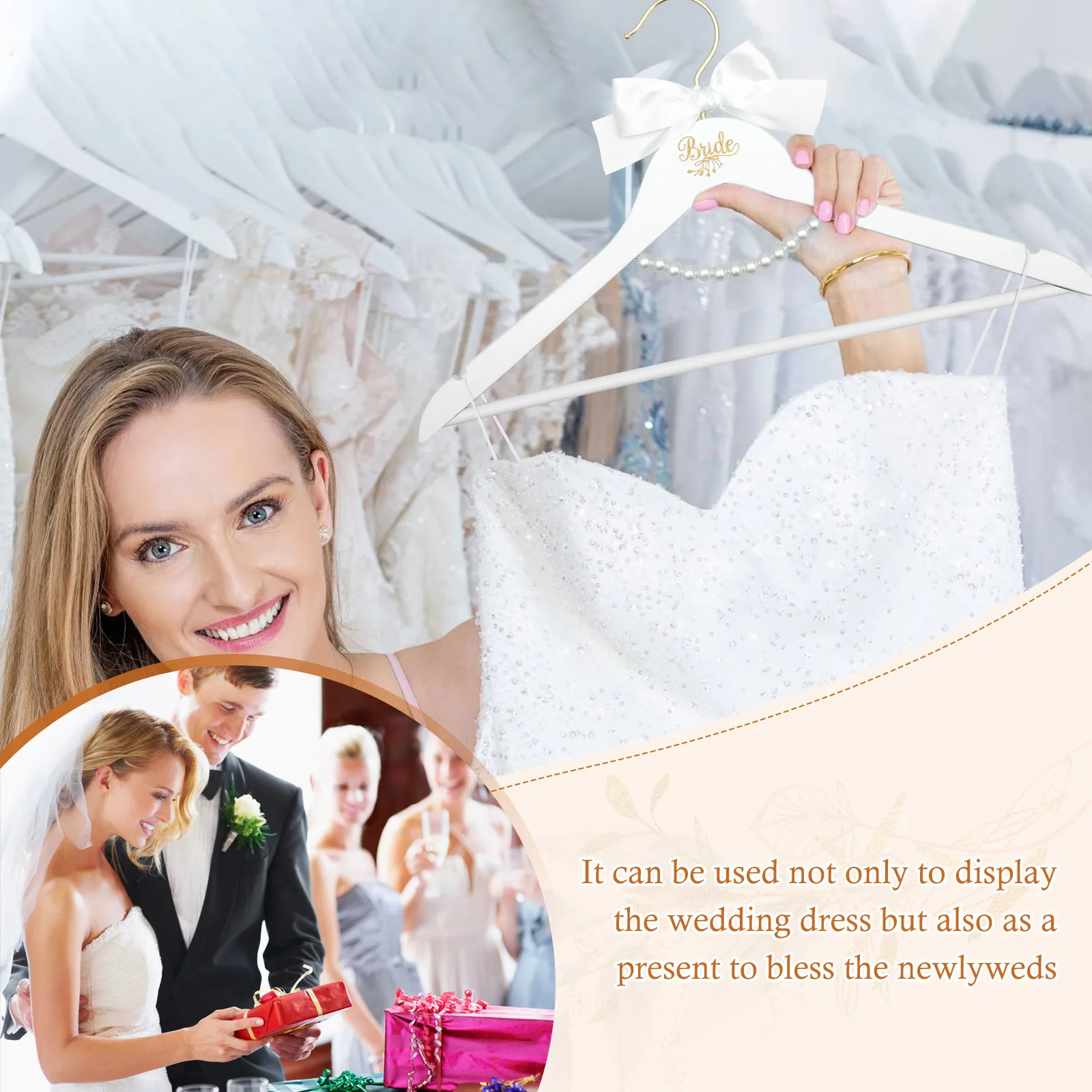 4Pcs Wood Hangers Wedding Dress Hanger with Bow Pearl Bride & Groom Gown Toast Dress Tuxedo Suit Anti Slip Hanger Clothing Rack