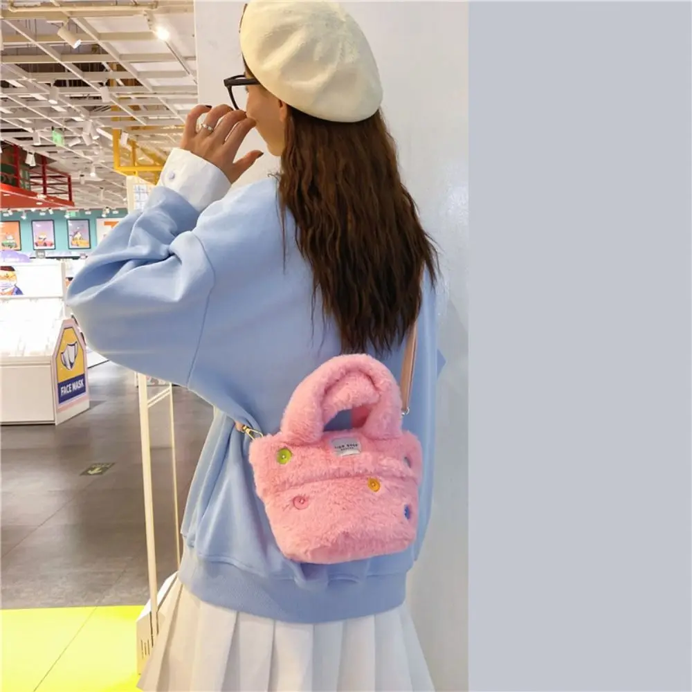 Korean Style Button Plush Tote Bag Kawaii Shopping Bag Fluffy Plush Crossbody Bag Messenger Bag Bucket Bag Plush Handbag Street
