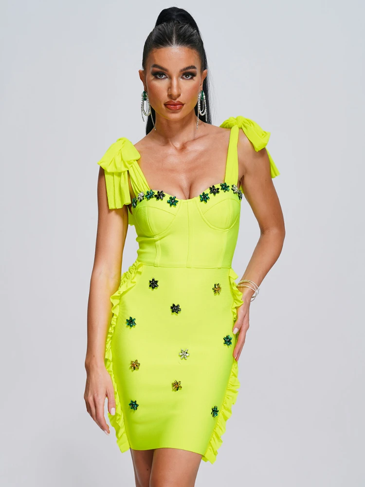 

2023 New Women's Green Diamond Crystal Bow Sleeveless Sexy Tight Mini Bandage Dress Elegant Celebrity Party Dress