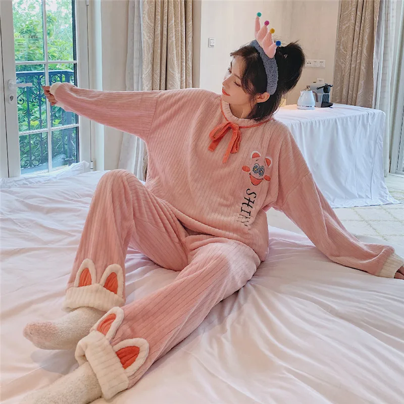 Kawaii Pajamas Set for Women Winter Warm Flannel Pink Cat Homesuit for Young Ladies Pyjama Mujer Thick Roomwear Cute Nightgown
