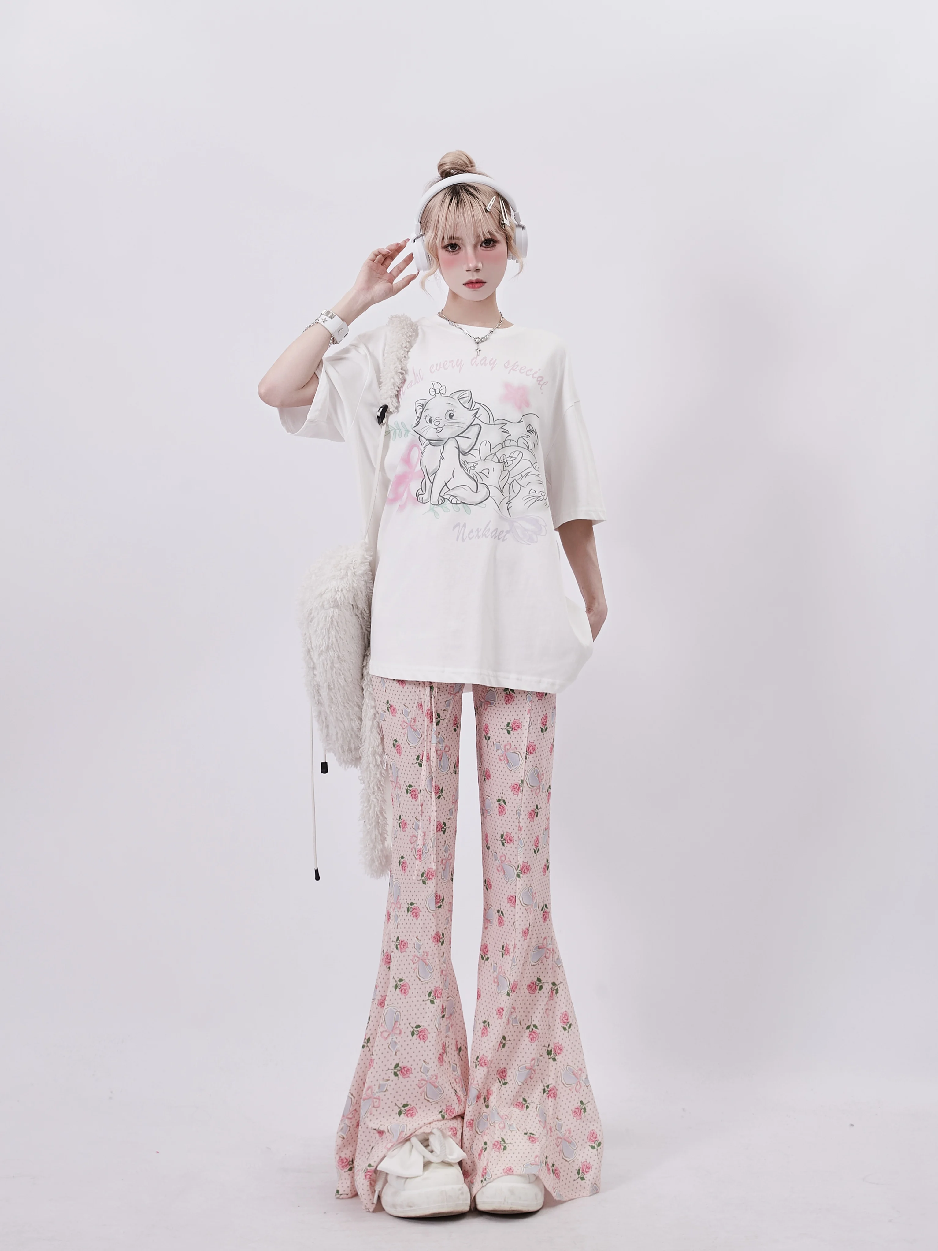 Korean Fashion Girly Sweet Y2k Casual Pants 2024 Summer New Printed Hollow Slim-Fit Sexy Elegant Flare Pants Women Trousers