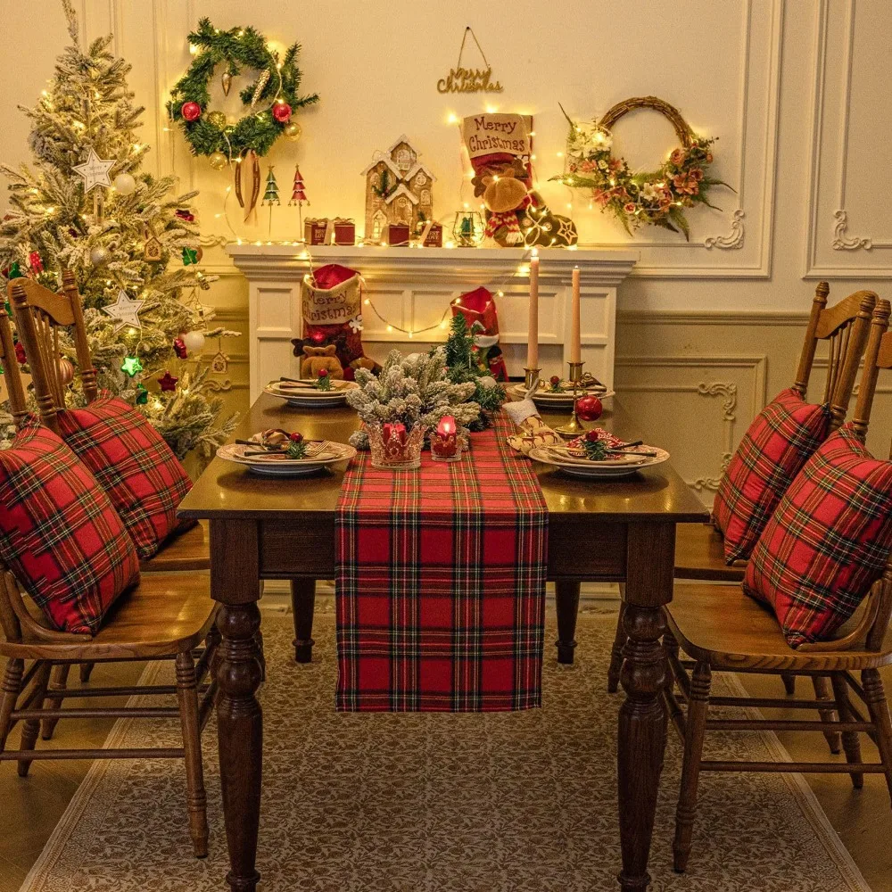 Plaid Pattern Christmas Table Runner Long Multiple Sizes Table Cover Scottish Polyester Cotton Tablecloth Hotels